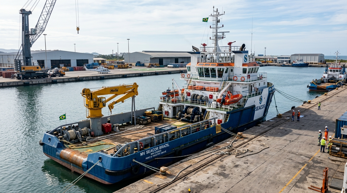 Embarcação técnica de apoio offshore PSV atracada em cais portuário para manutenção