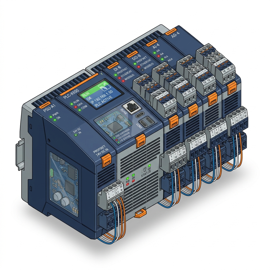 Modelo técnico 3D isométrico de módulo CLP e automação industrial