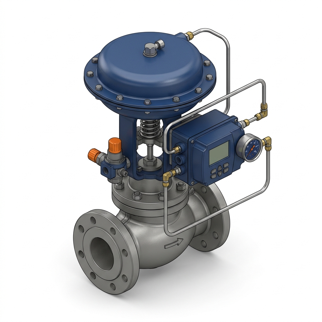 Modelo técnico 3D isométrico de válvula de controle pneumática com atuador e posicionador